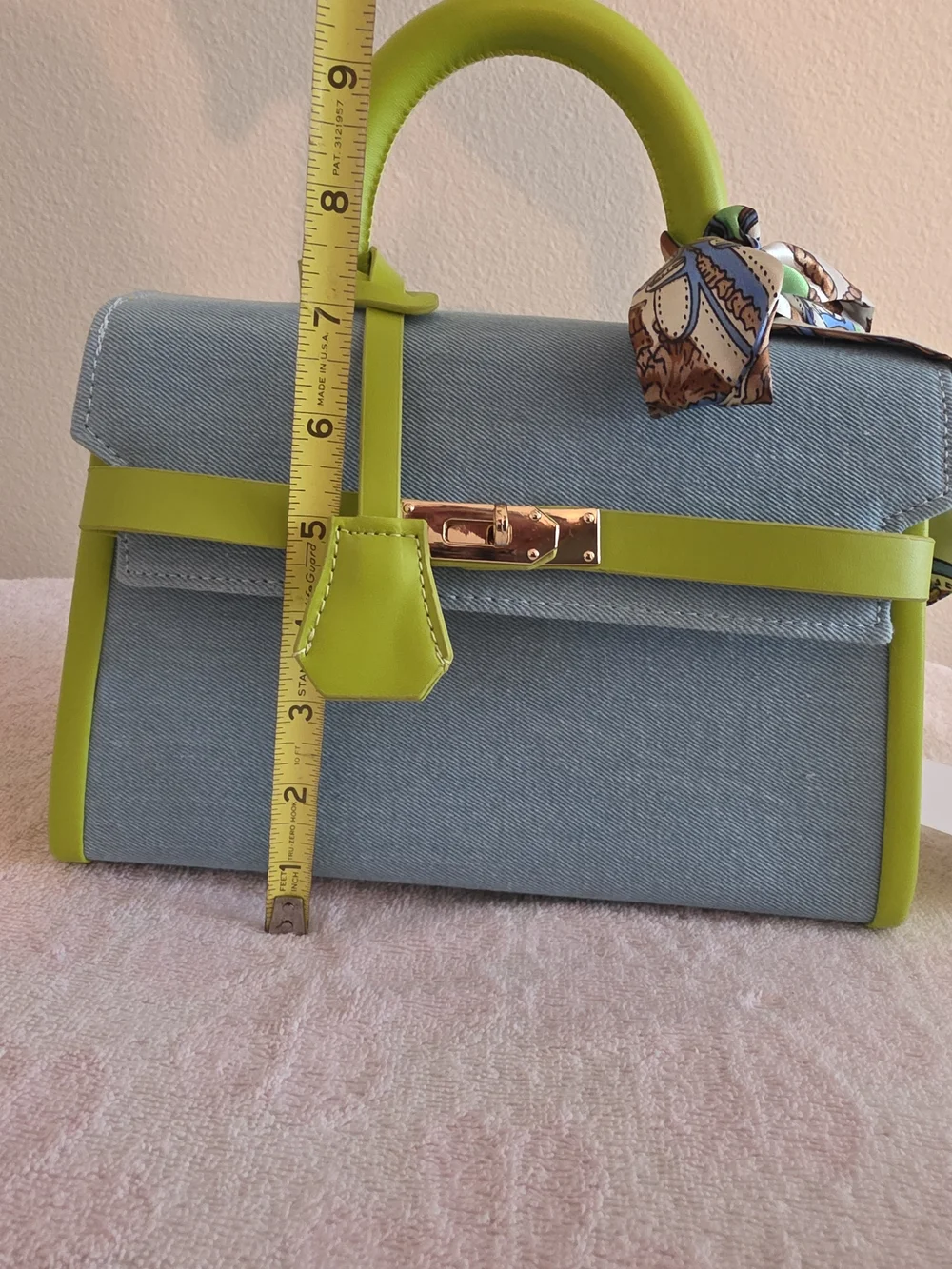 Denim and Lime Green Top-Handle Satchel